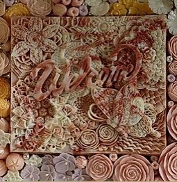 「2012 ウエルカムボード」赤を入れた手作りマルセイユ石鹸に、蝶と花を彫りこみ、周りを切り出し花で囲みました。